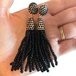 SugarFix BaubleBar Black Seed Bead Tassel Fringe Gold Drop Pierced Earrings New